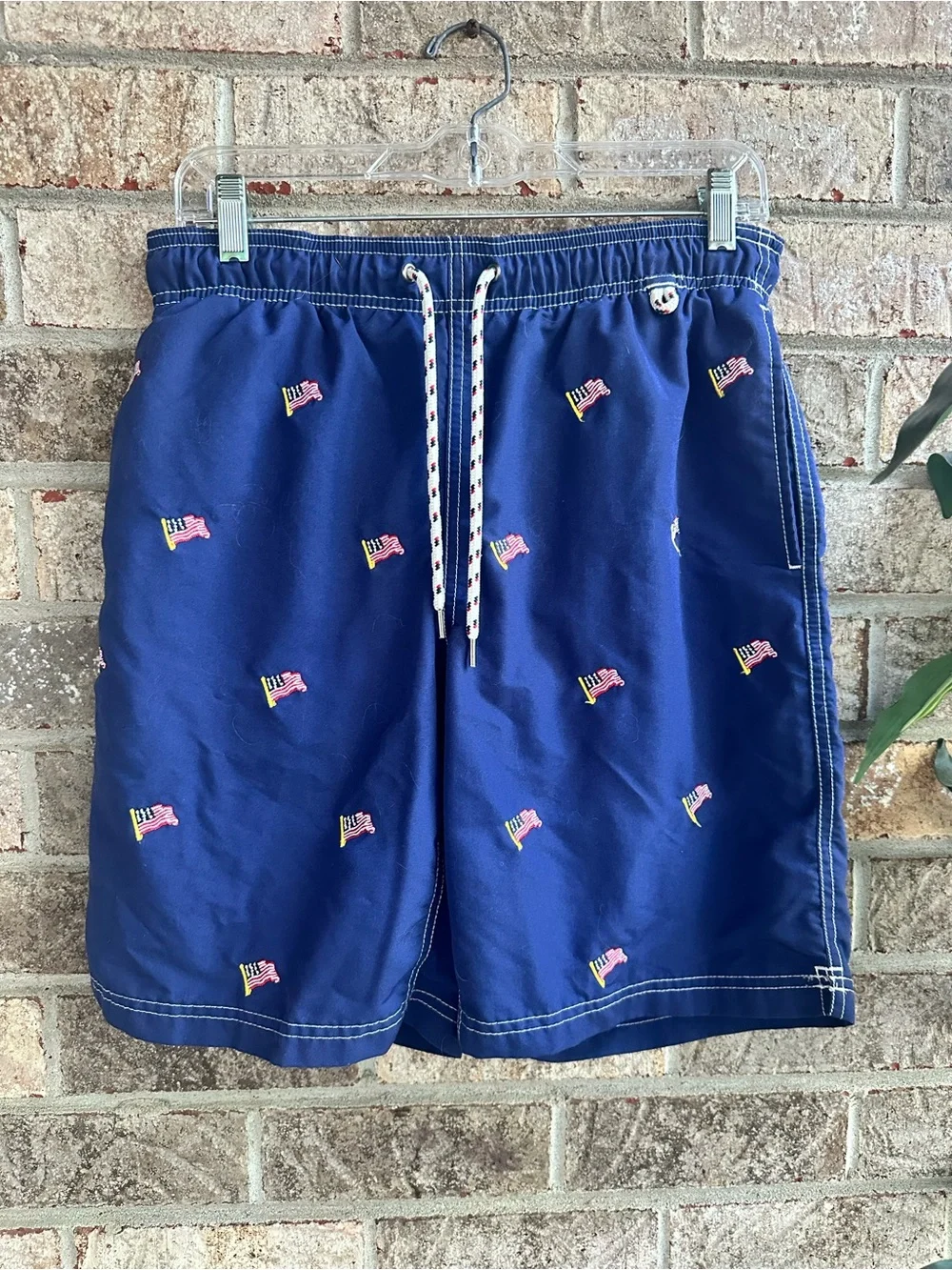 Lands End Patriotic 4th of July blue Embroidered USA Flag Swim Trunks Shorts